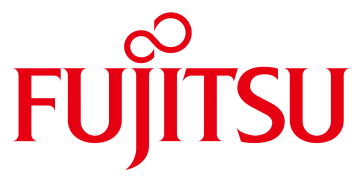 Alstor SDS czerwone logo FUJITSU, nad literami J oraz I kropki układają się w kształt nieskończoności